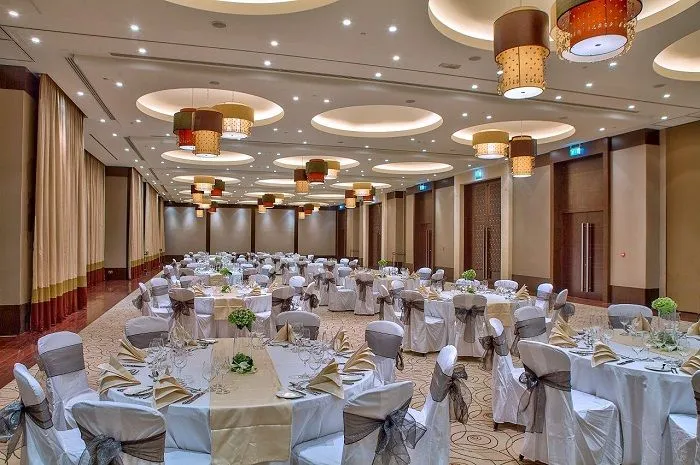 Banquet hall decorated for a wedding reception