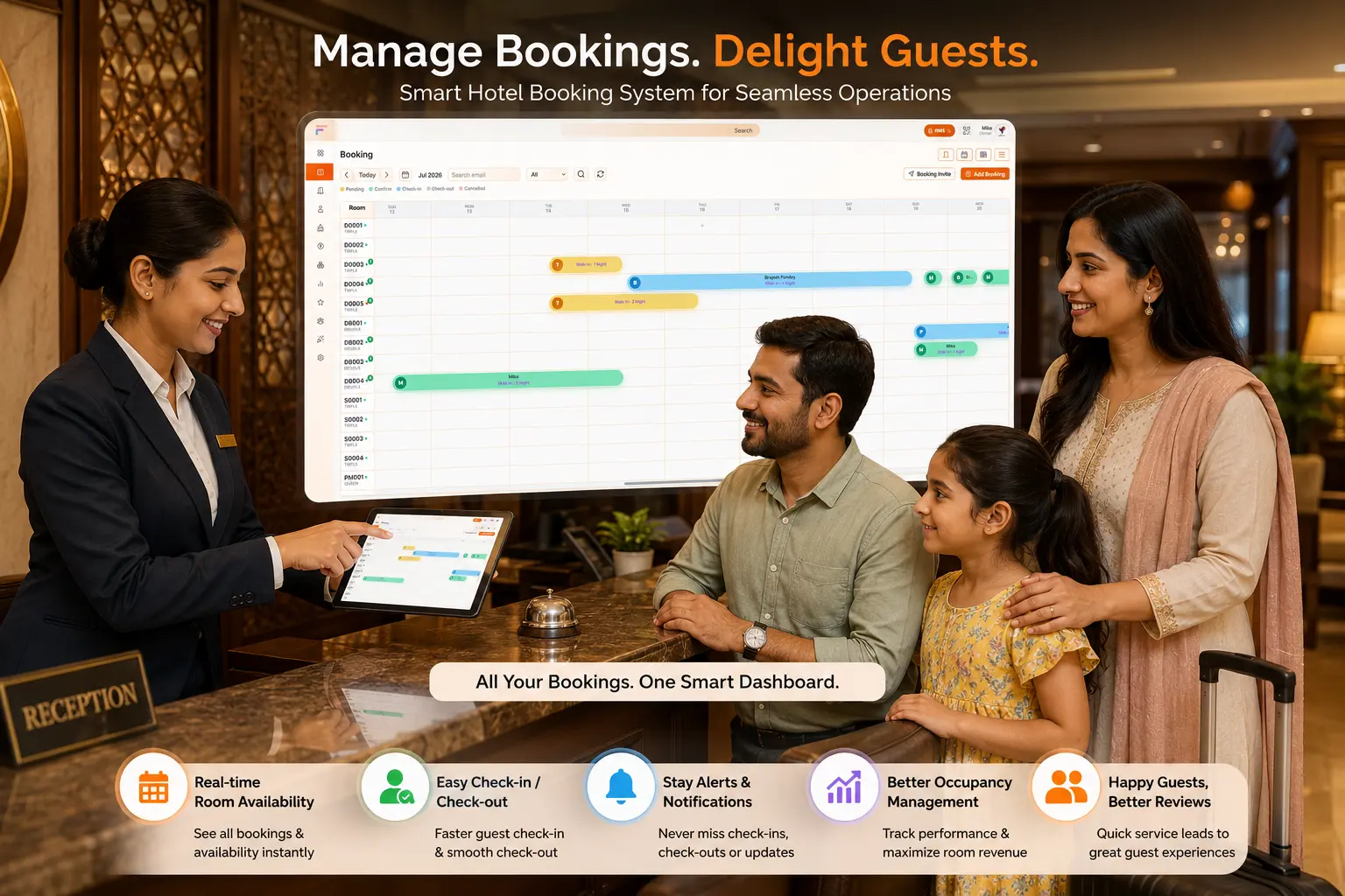 FlamifyIn hotel booking dashboard at a front desk with a family checking in