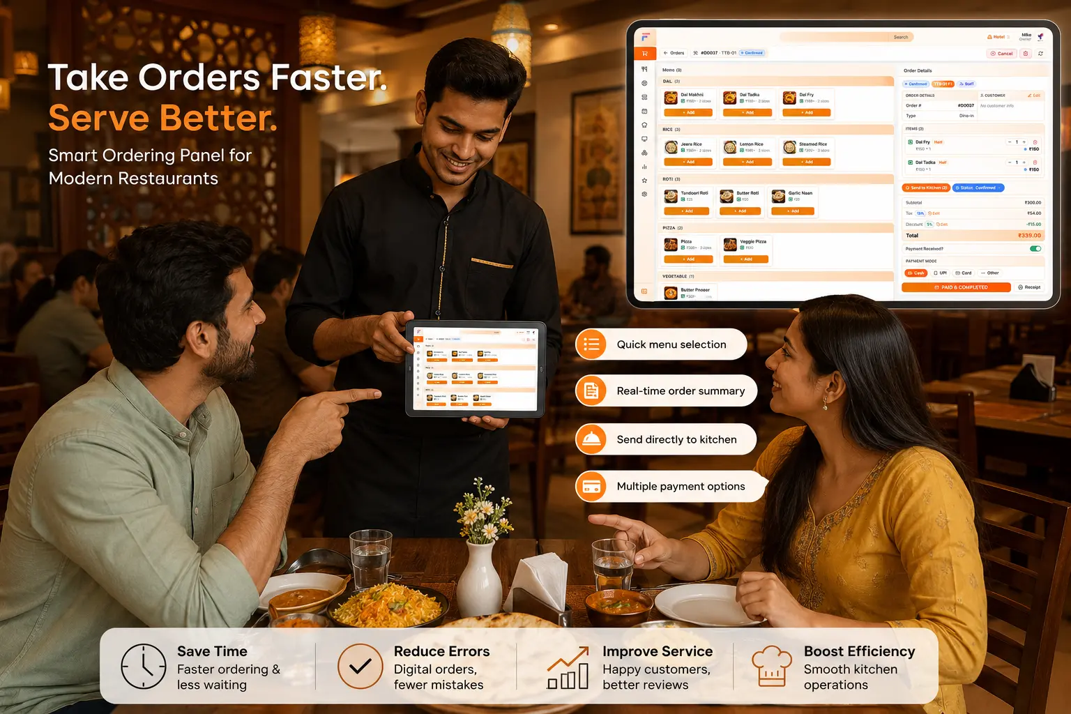 FlamifyIn restaurant POS with a waiter taking an order on a tablet