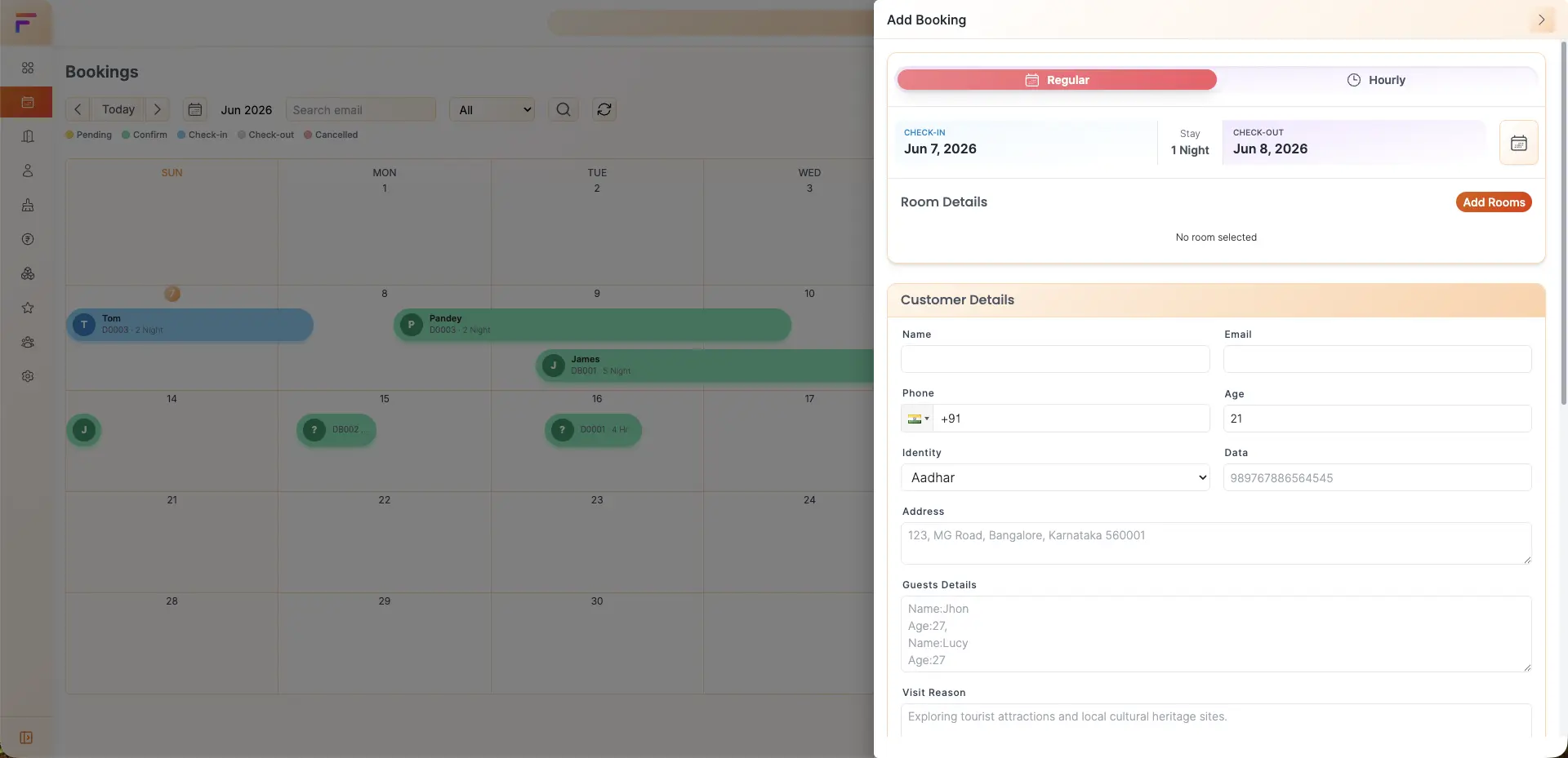 FlamifyIn booking detail panel with guest, room and payment status