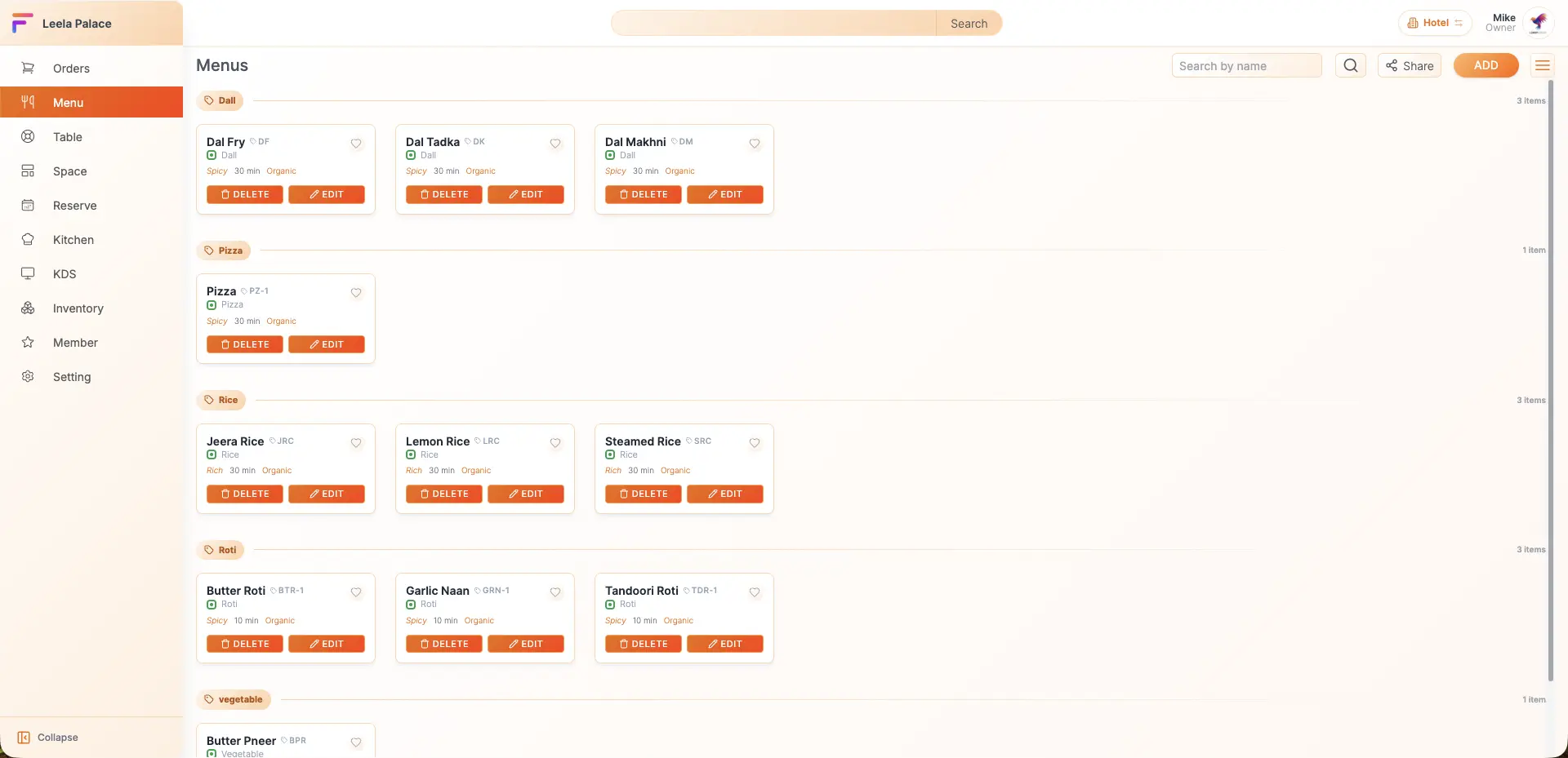 FlamifyIn menu management with categories and items