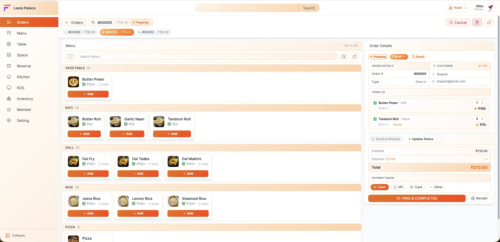 FlamifyIn order management with dine-in and takeaway orders
